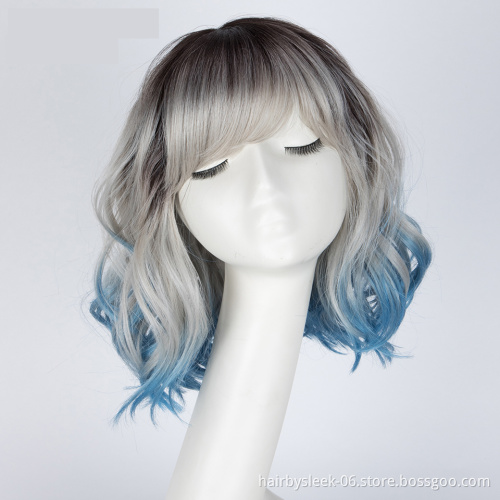 Rebecca fashion style 12 inches Short Straight Grey and Blue Wig Synthetic Heat Resistant Hair Synthetic Wigs For Black Woman